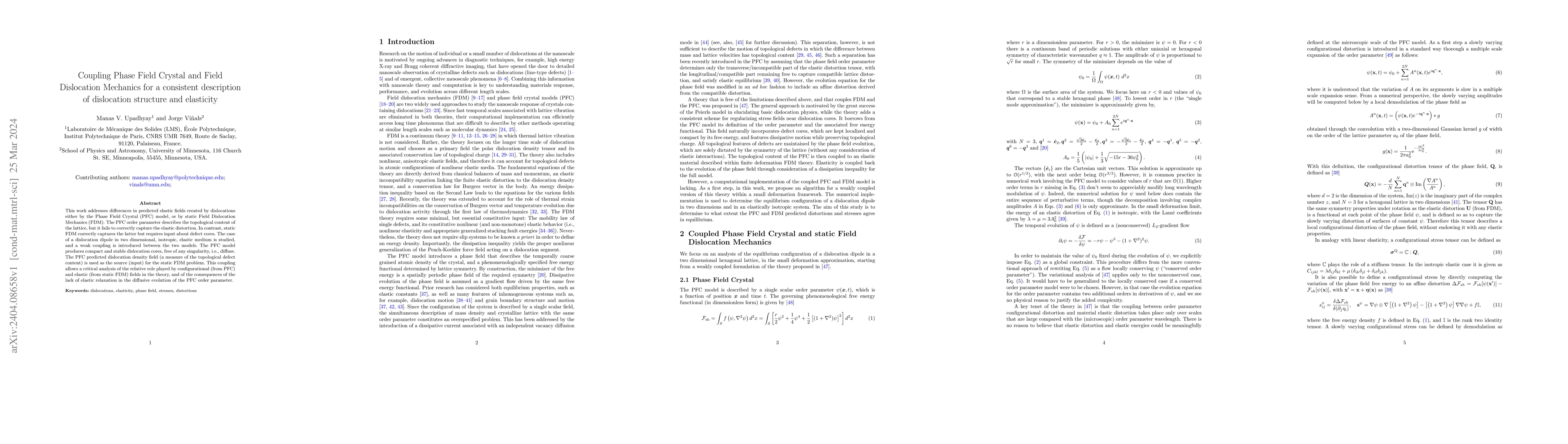 Thumbnail for Coupling Phase Field Crystal and Field Dislocation Mechanics for a
  consistent description of dislocation structure and elasticity