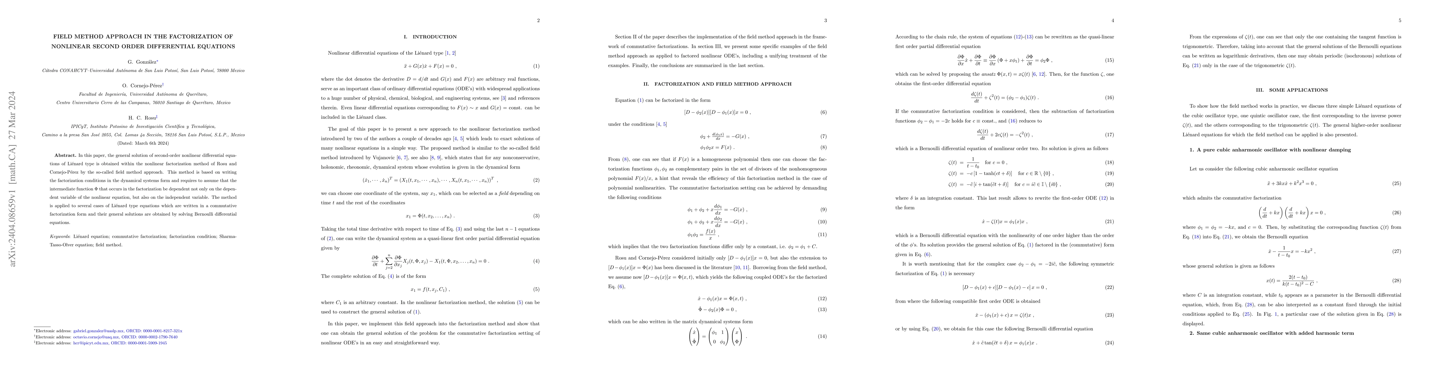 Thumbnail for Field method approach in the factorization of nonlinear second order
  differential equations