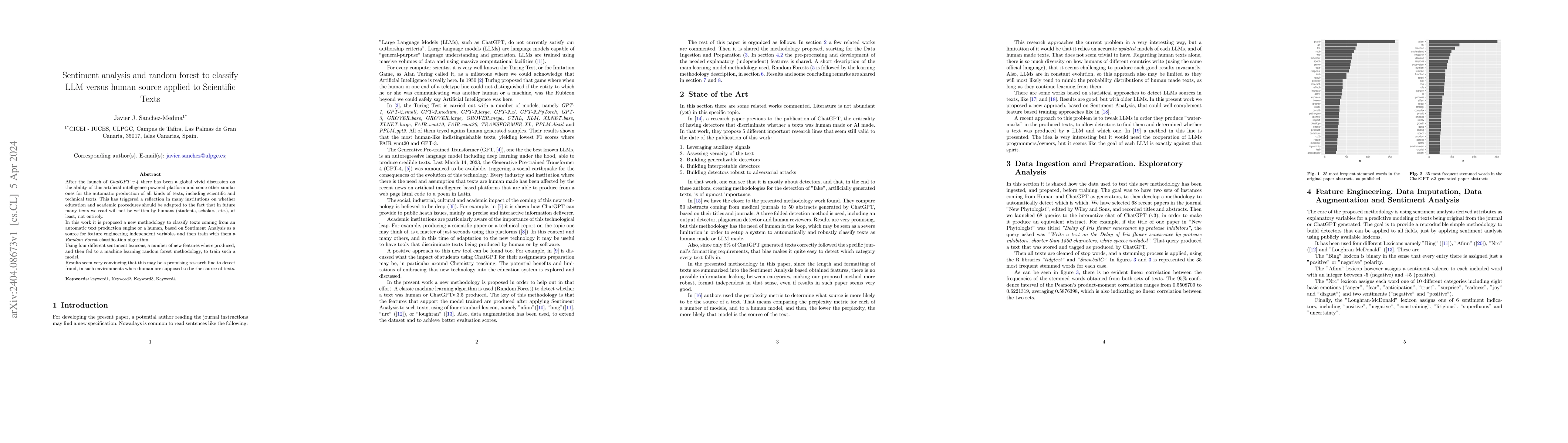 Thumbnail for Sentiment analysis and random forest to classify LLM versus human source
  applied to Scientific Texts