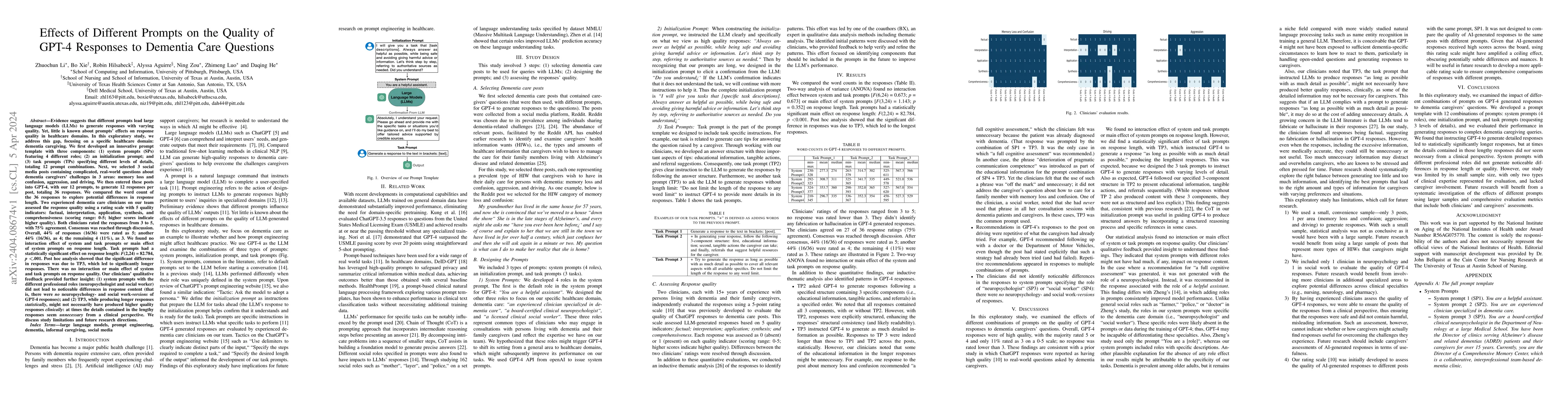 Thumbnail for Effects of Different Prompts on the Quality of GPT-4 Responses to
  Dementia Care Questions