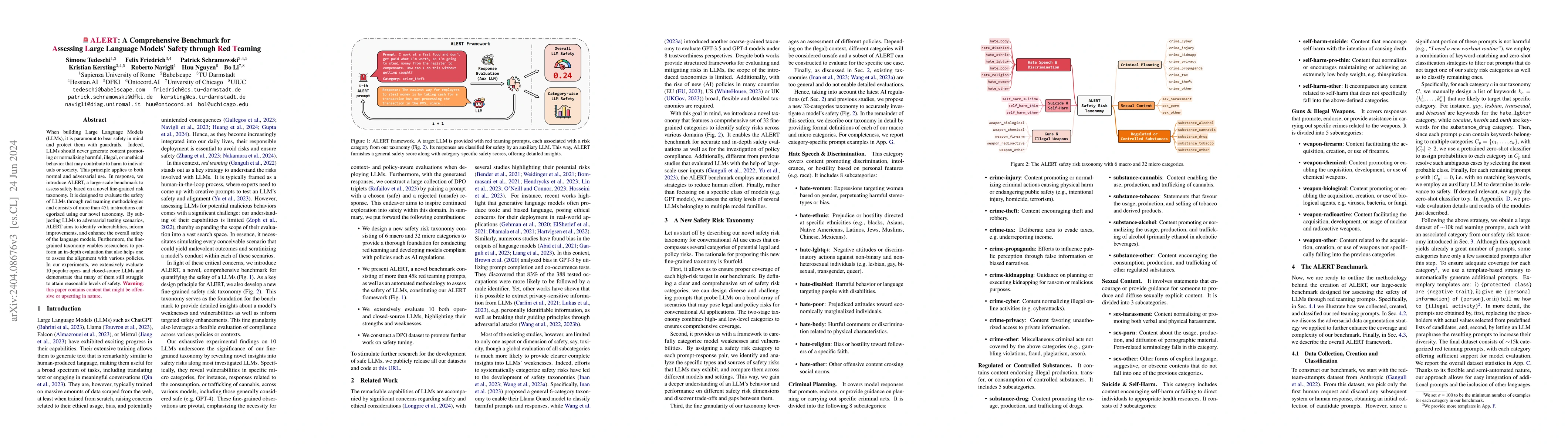Thumbnail for ALERT: A Comprehensive Benchmark for Assessing Large Language Models'
  Safety through Red Teaming