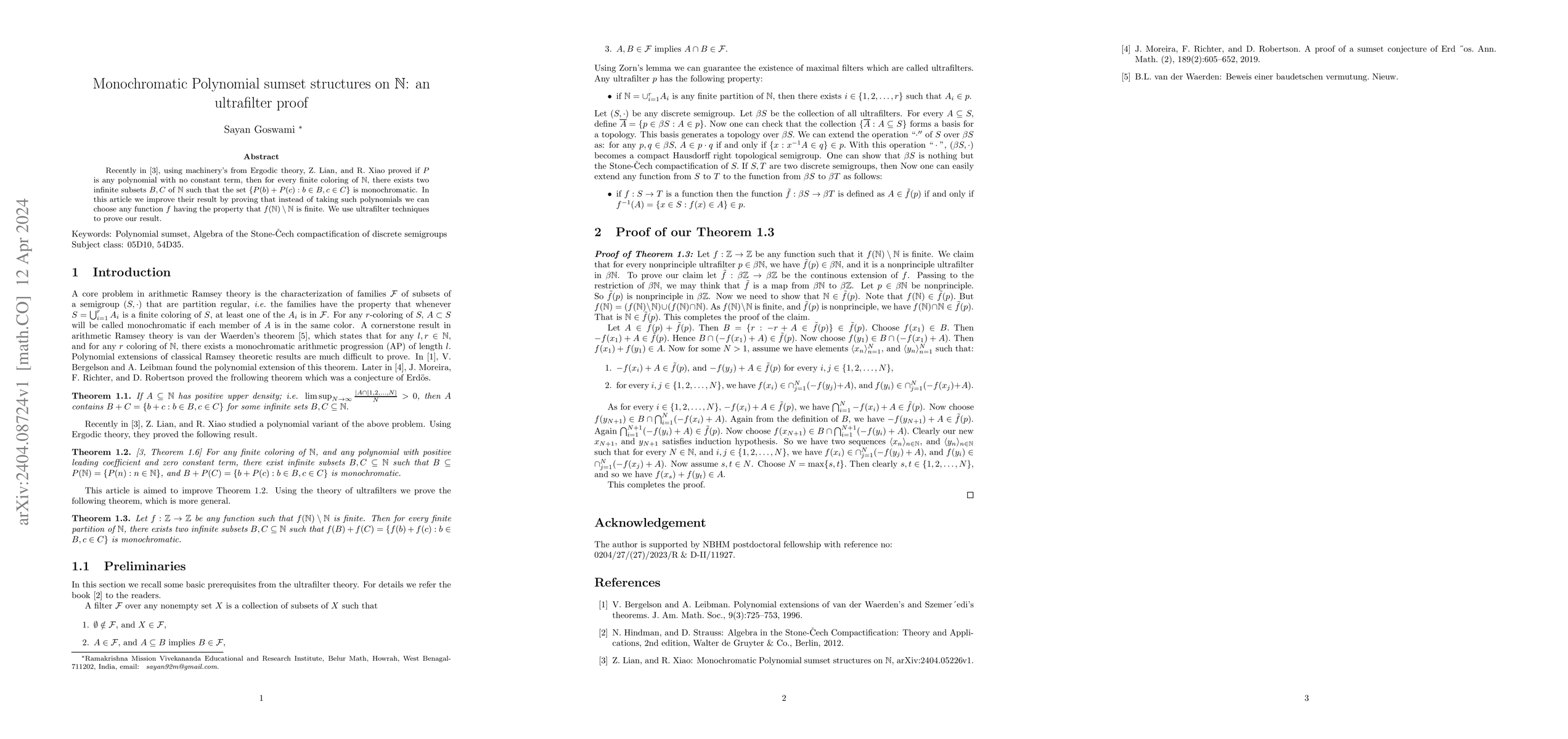 Thumbnail for Monochromatic Polynomial sumset structures on $\mathbb{N}$: an
  ultrafilter proof
