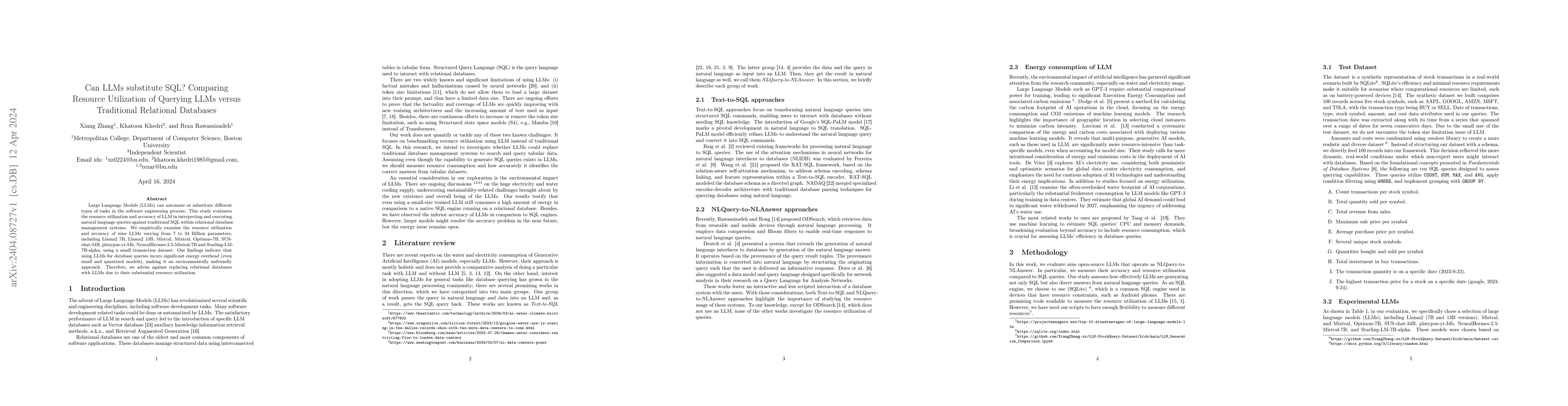 Thumbnail for Can LLMs substitute SQL? Comparing Resource Utilization of Querying LLMs
  versus Traditional Relational Databases