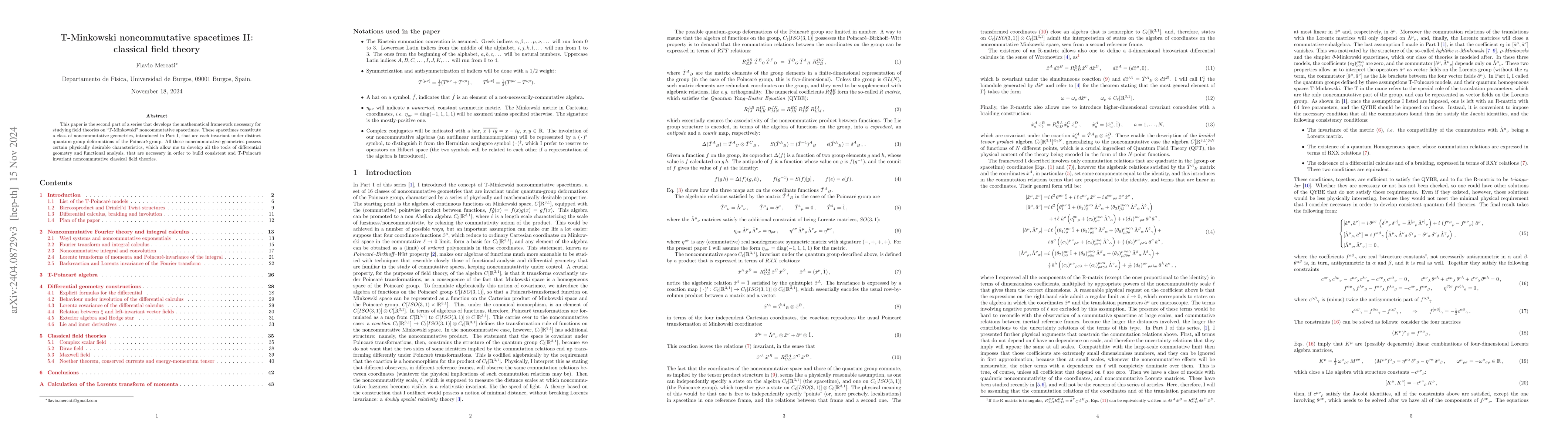 Thumbnail for T-Minkowski noncommutative spacetimes II: classical field theory