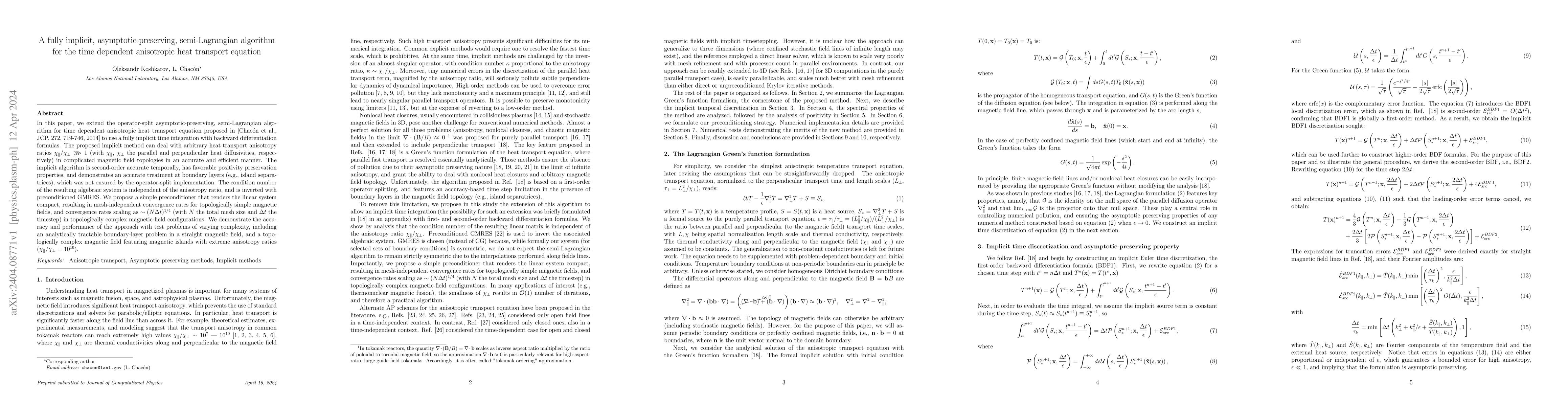Thumbnail for A fully implicit, asymptotic-preserving, semi-Lagrangian algorithm for
  the time dependent anisotropic heat transport equation