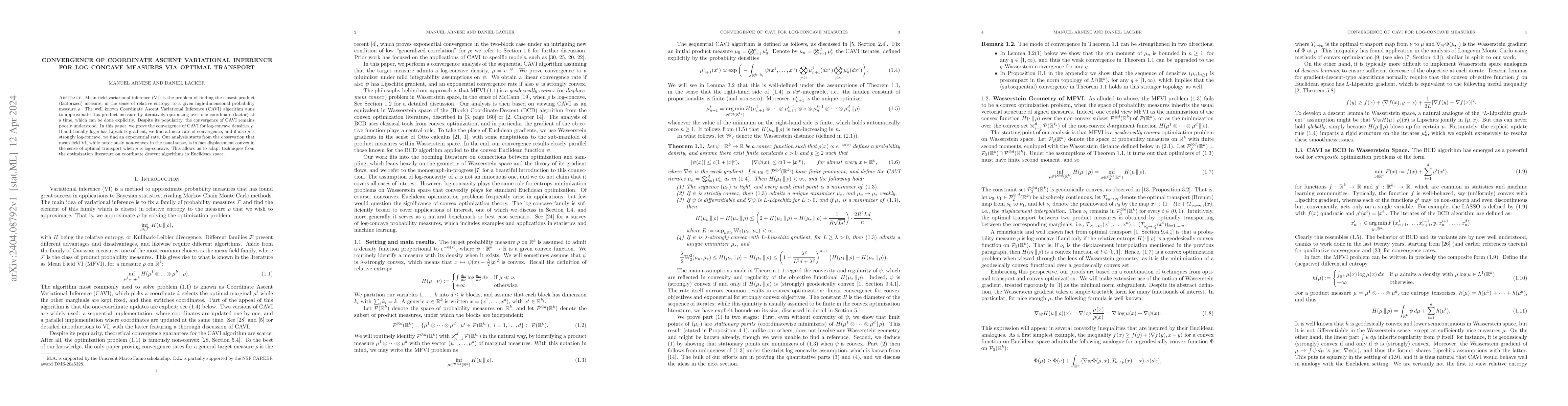 Thumbnail for Convergence of coordinate ascent variational inference for log-concave
  measures via optimal transport
