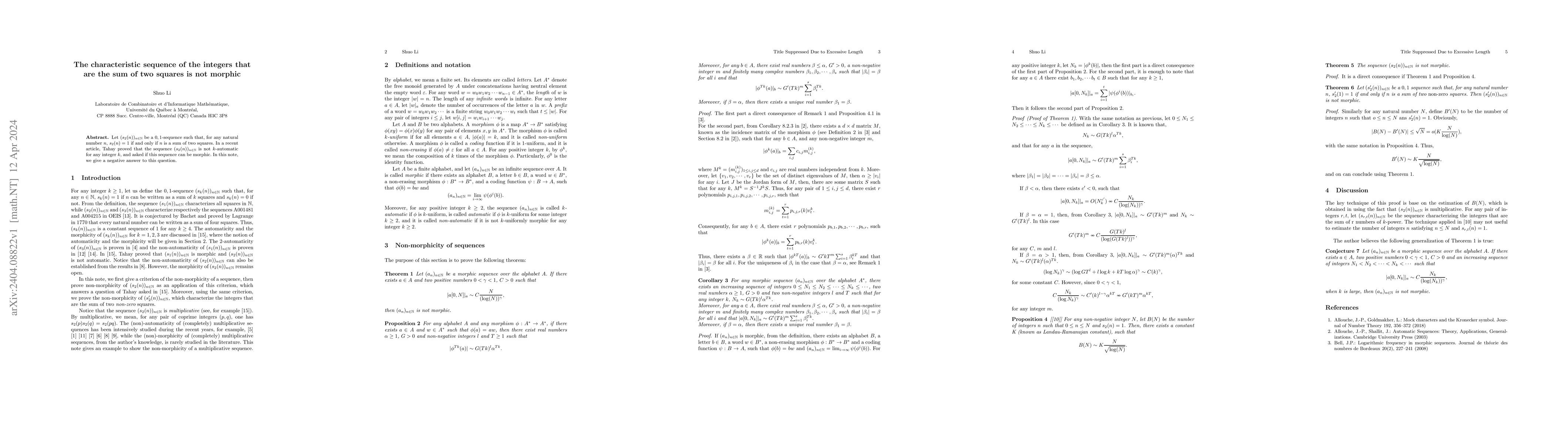 Thumbnail for The characteristic sequence of the integers that are the sum of two
  squares is not morphic