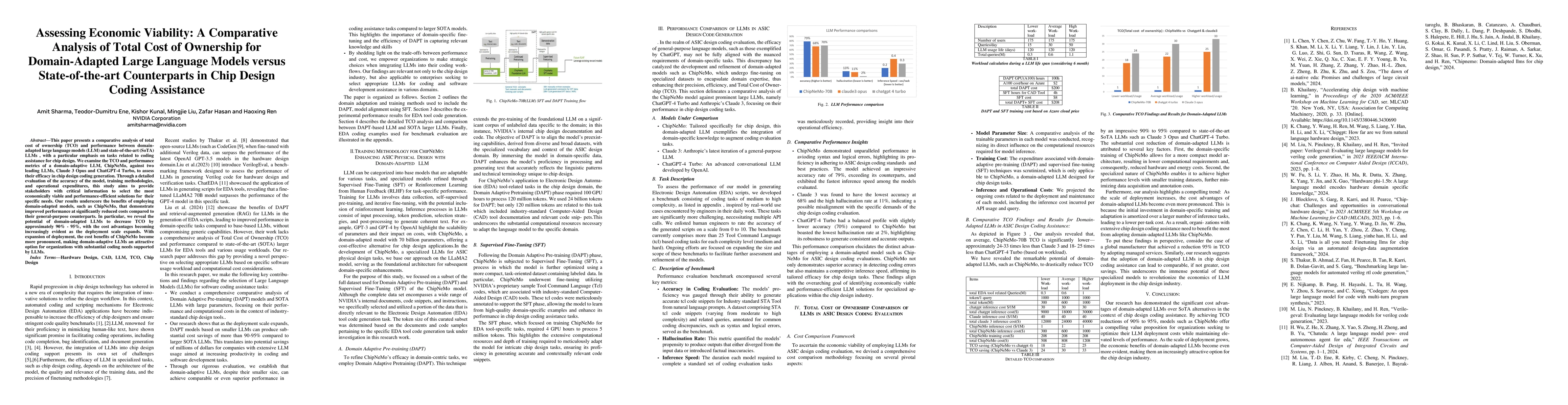 Thumbnail for Assessing Economic Viability: A Comparative Analysis of Total Cost of
  Ownership for Domain-Adapted Large Language Models versus State-of-the-art
  Counterparts in Chip Design Coding Assistance