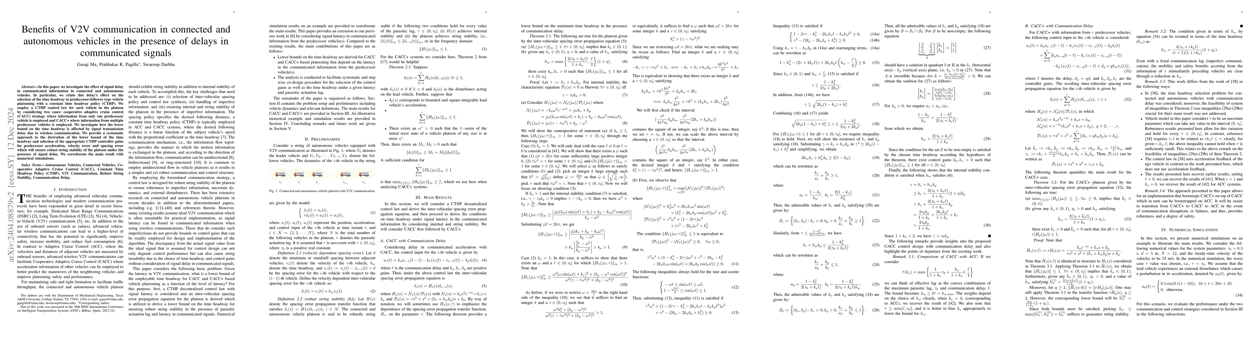 Thumbnail for Benefits of V2V communication in connected and autonomous vehicles in
  the presence of delays in communicated signals