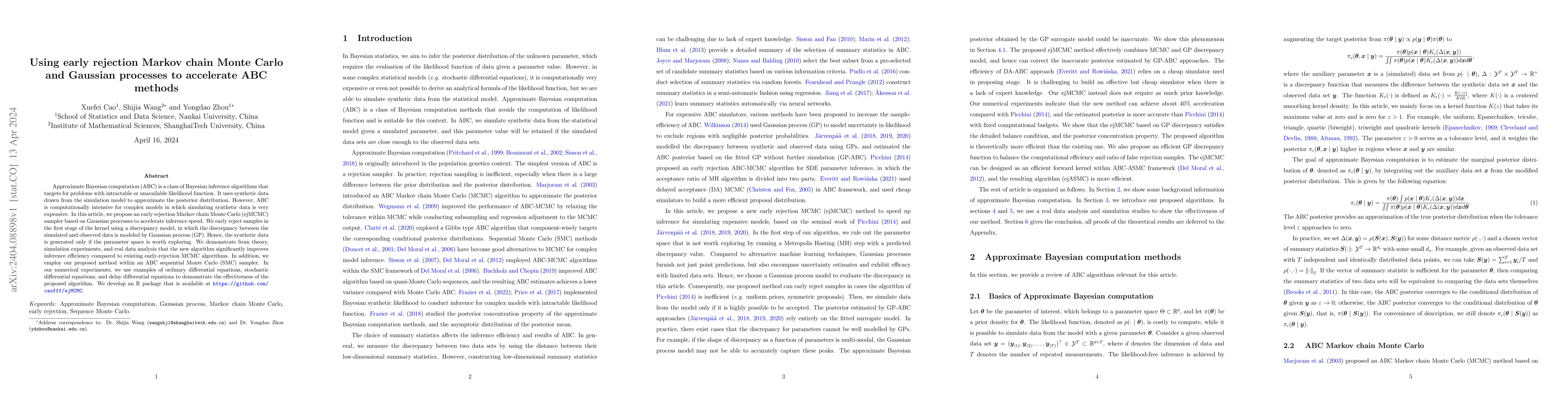 Thumbnail for Using early rejection Markov chain Monte Carlo and Gaussian processes to
  accelerate ABC methods