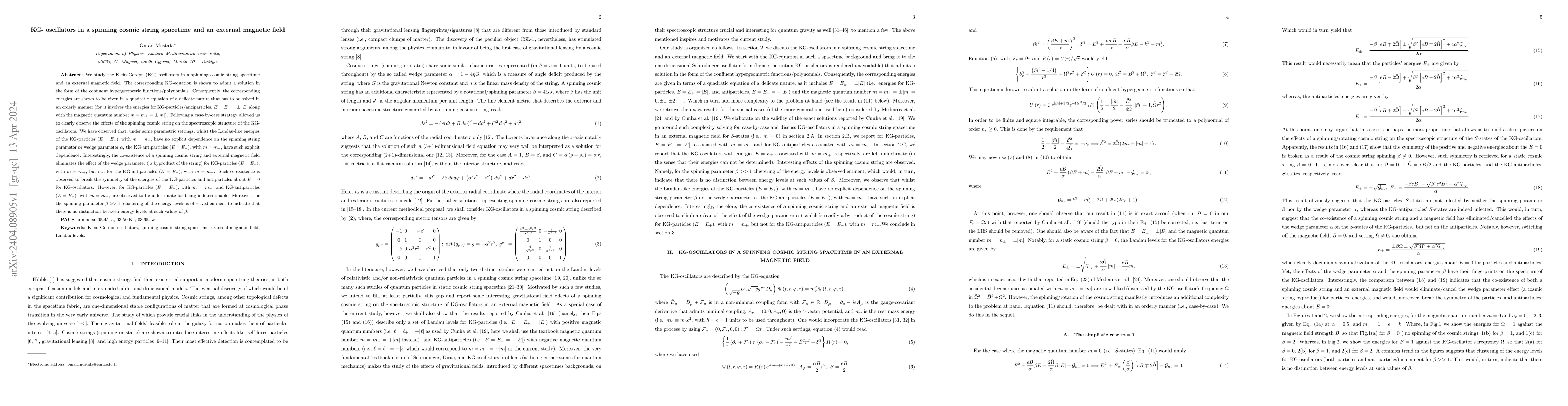 Thumbnail for KG- oscillators in a spinning cosmic string spacetime and an external
  magnetic field