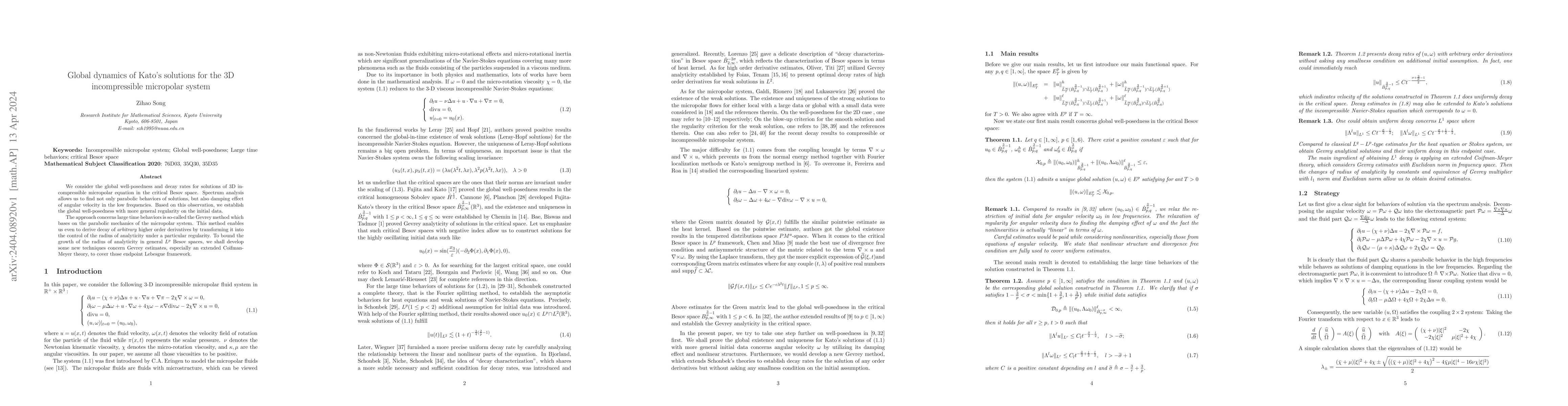 Thumbnail for Global dynamics of Kato's solutions for the 3D incompressible micropolar
  system