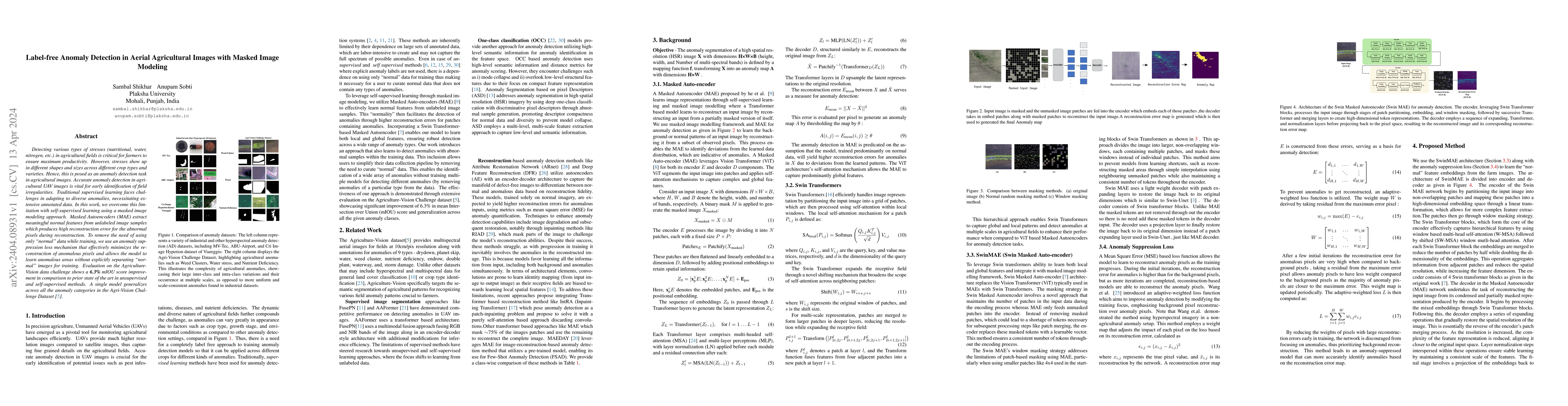 Thumbnail for Label-free Anomaly Detection in Aerial Agricultural Images with Masked
  Image Modeling