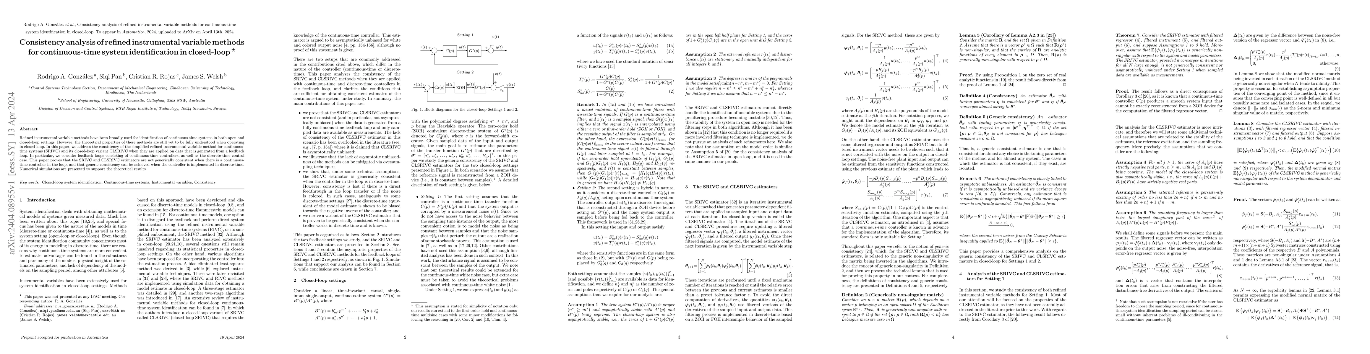 Thumbnail for Consistency analysis of refined instrumental variable methods for
  continuous-time system identification in closed-loop