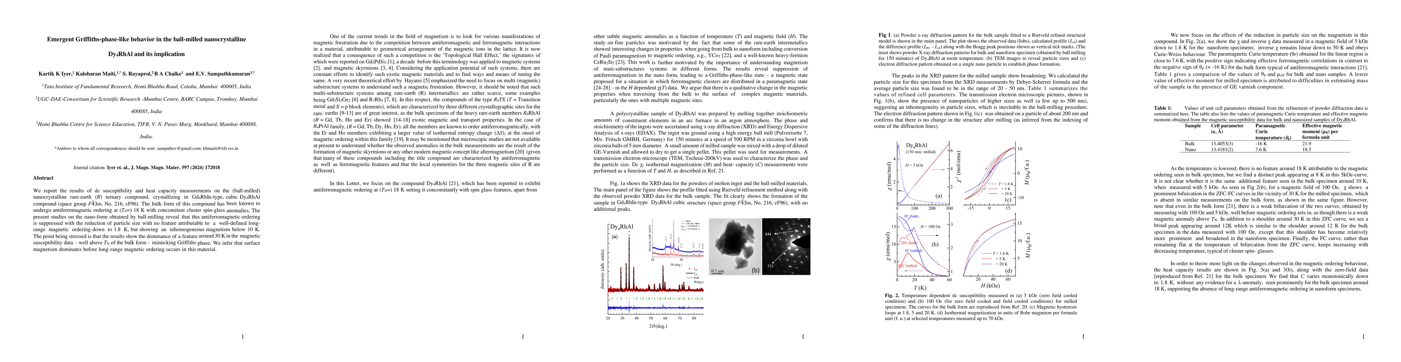 Thumbnail for Emergent Griffiths-phase-like behavior in the ball-milled
  nanocrystalline Dy4RhAl and its implication