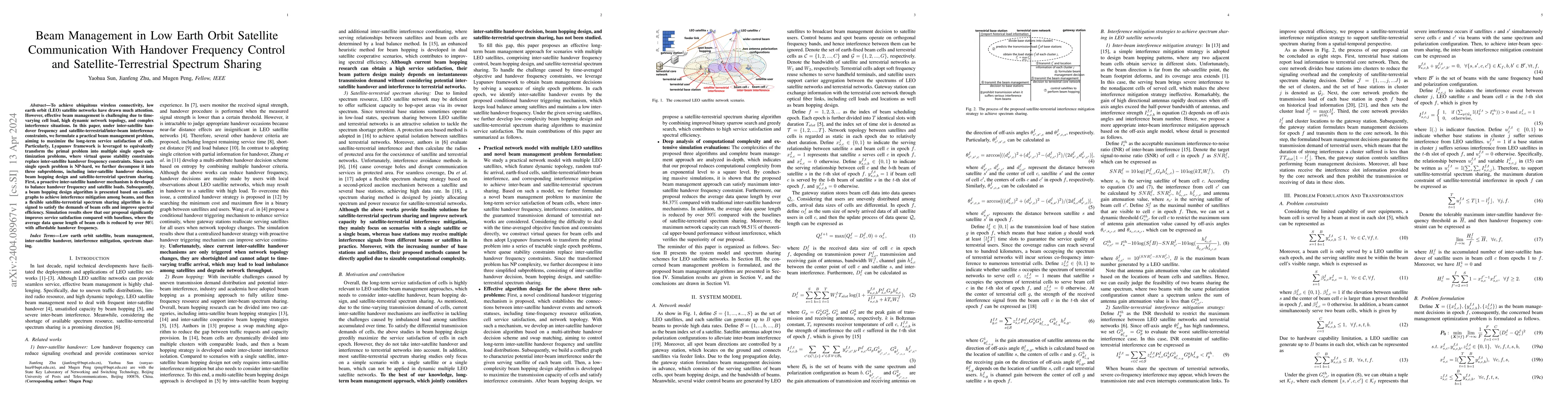 Thumbnail for Beam Management in Low Earth Orbit Satellite Communication With Handover
  Frequency Control and Satellite-Terrestrial Spectrum Sharing