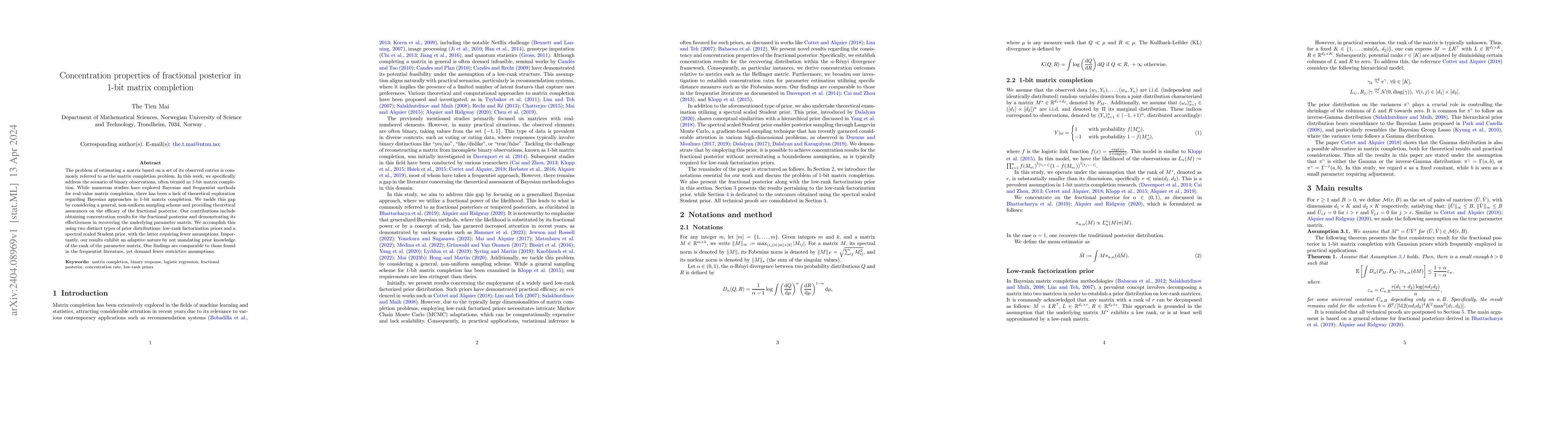 Thumbnail for Concentration properties of fractional posterior in 1-bit matrix
  completion