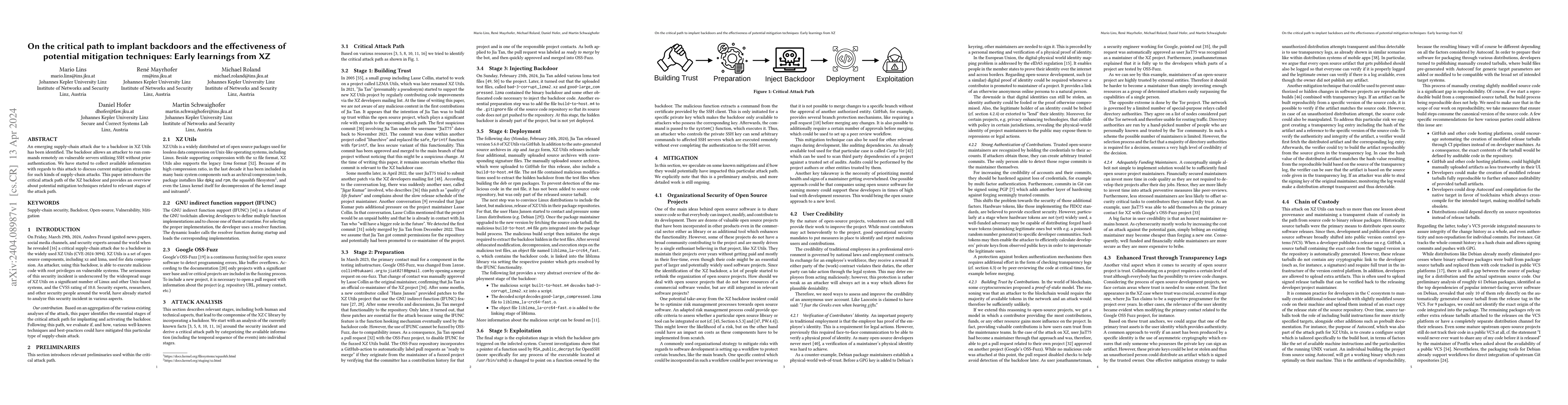 Thumbnail for On the critical path to implant backdoors and the effectiveness of
  potential mitigation techniques: Early learnings from XZ
