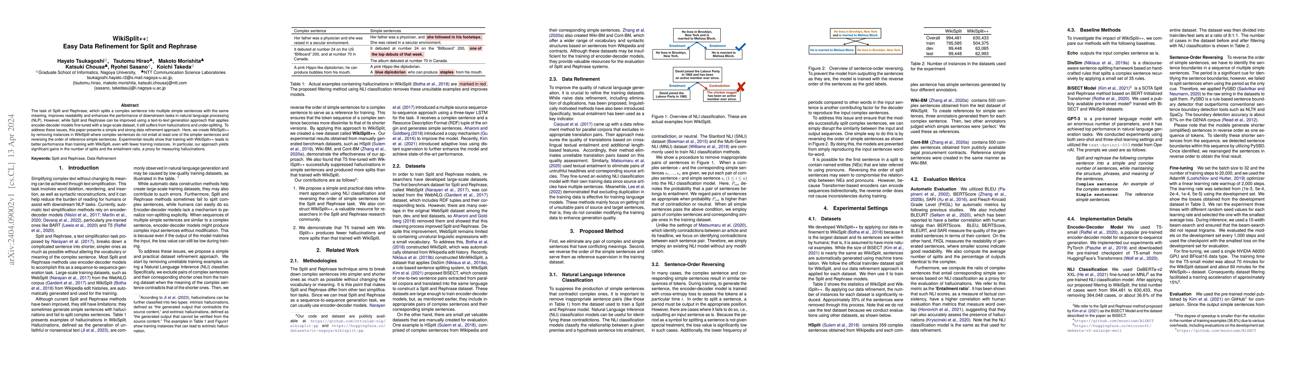 Thumbnail for WikiSplit++: Easy Data Refinement for Split and Rephrase