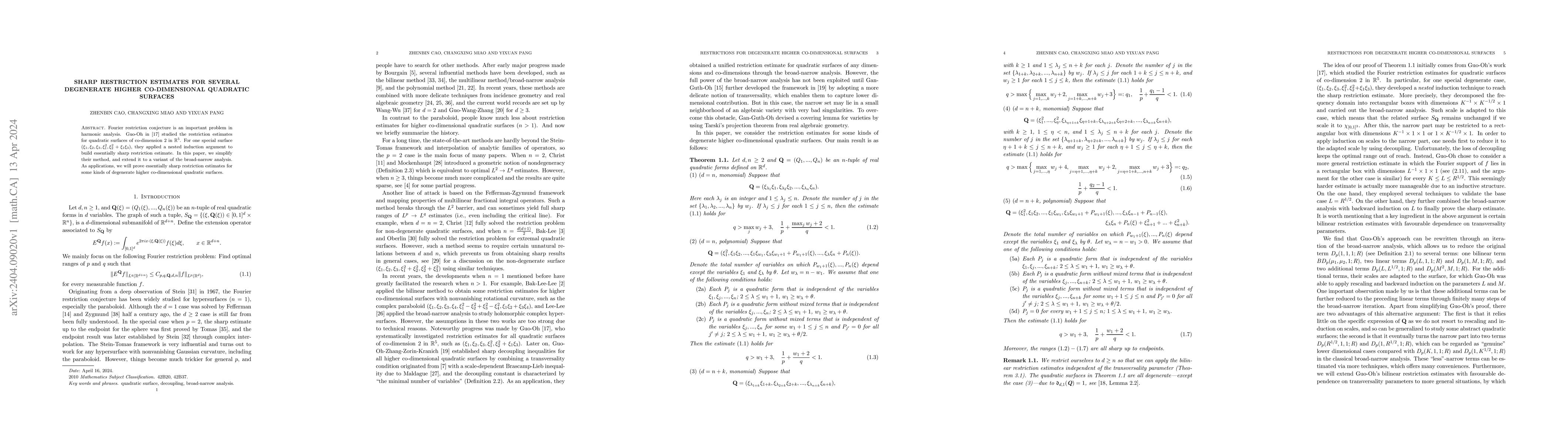 Thumbnail for Sharp restriction estimates for several degenerate higher co-dimensional
  quadratic surfaces