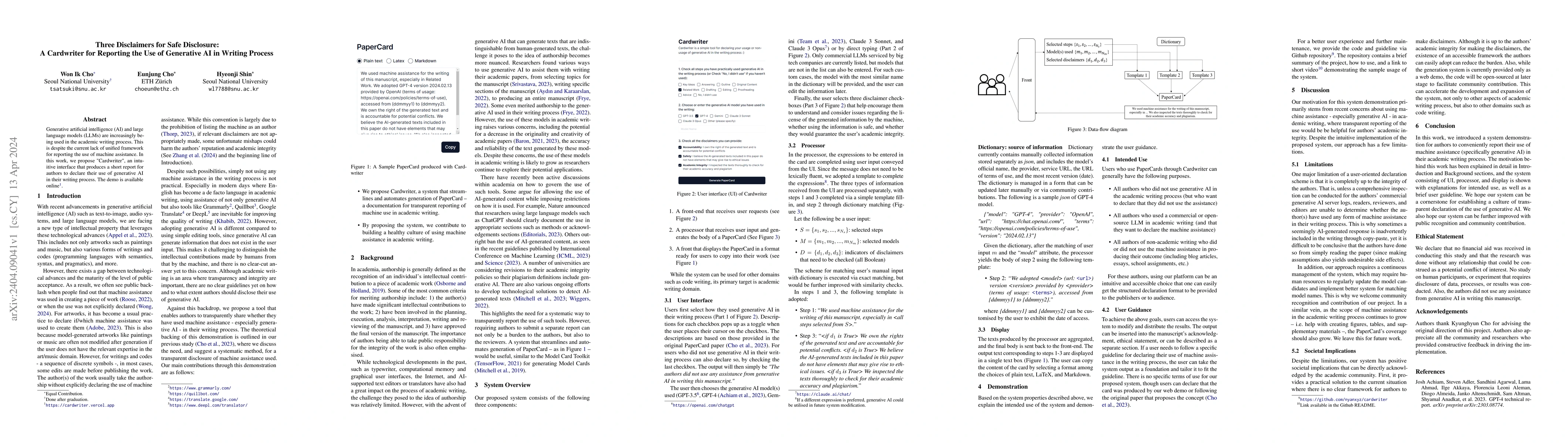 Thumbnail for Three Disclaimers for Safe Disclosure: A Cardwriter for Reporting the
  Use of Generative AI in Writing Process