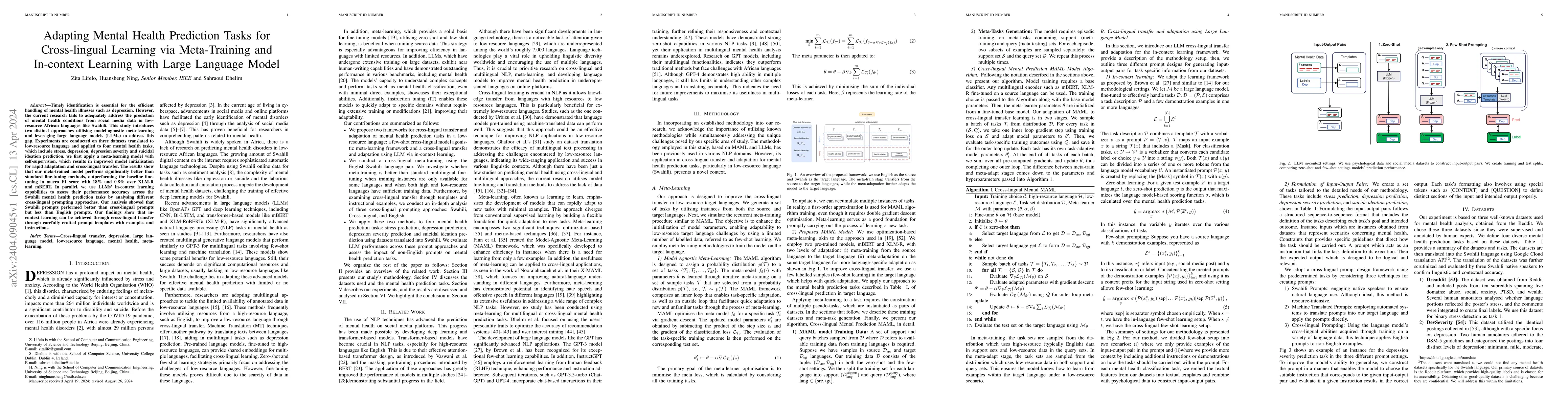 Thumbnail for Adapting Mental Health Prediction Tasks for Cross-lingual Learning via
  Meta-Training and In-context Learning with Large Language Model