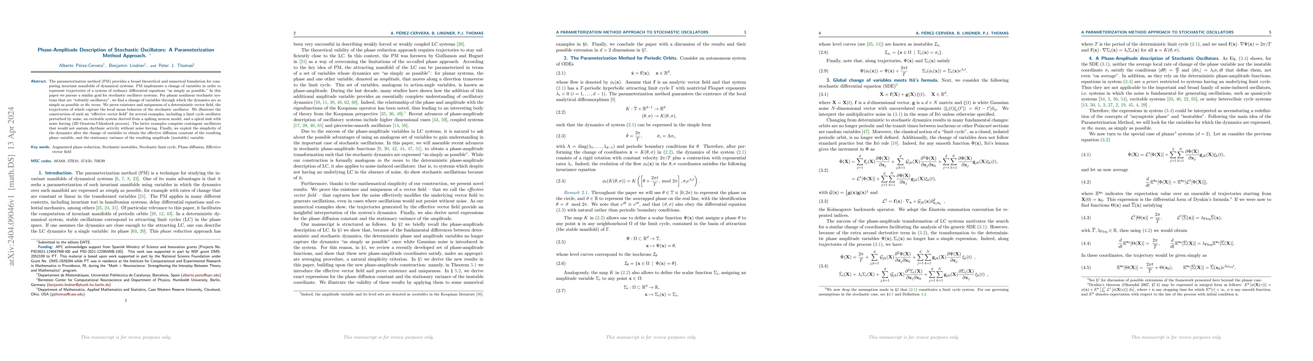 Thumbnail for Phase-Amplitude Description of Stochastic Oscillators: A
  Parameterization Method Approach
