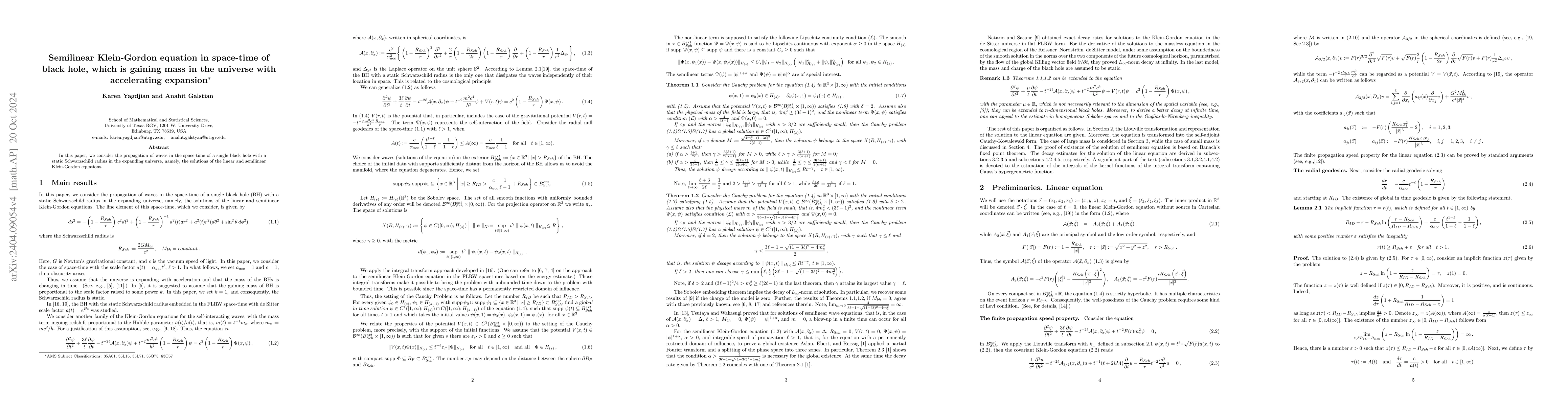 Thumbnail for Semilinear Klein-Gordon equation in space-time of black hole, which is
  gaining mass in the universe with accelerating expansion
