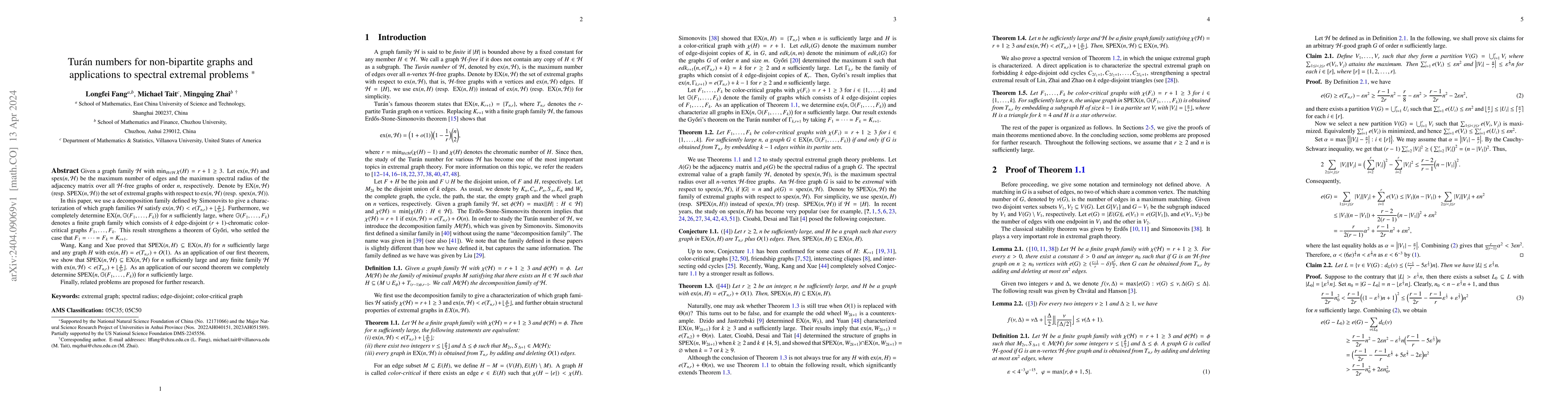 Thumbnail for Tur\'an numbers for non-bipartite graphs and applications to spectral
  extremal problems