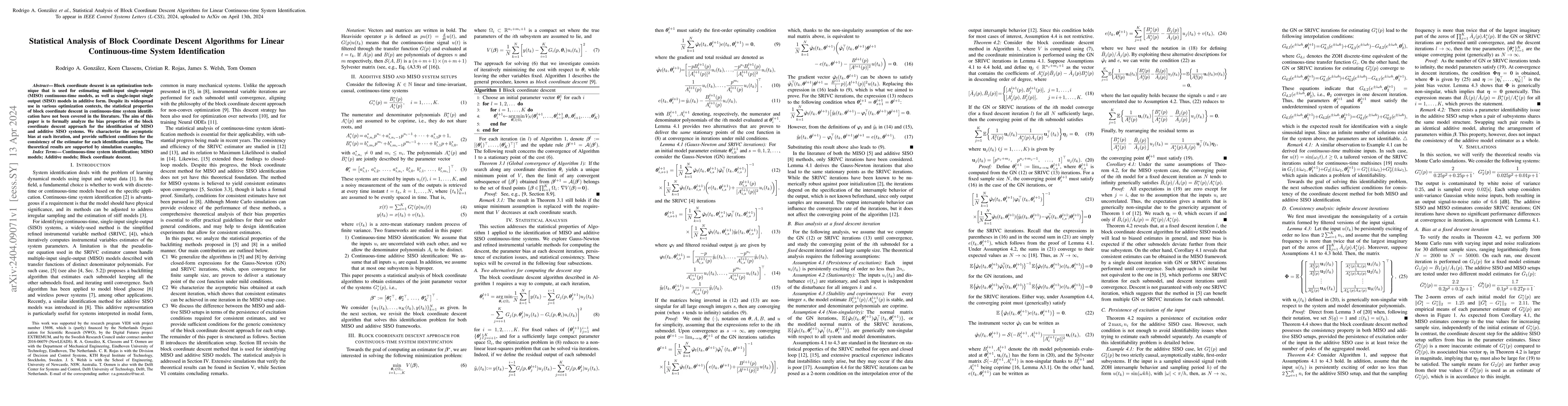 Thumbnail for Statistical Analysis of Block Coordinate Descent Algorithms for Linear
  Continuous-time System Identification