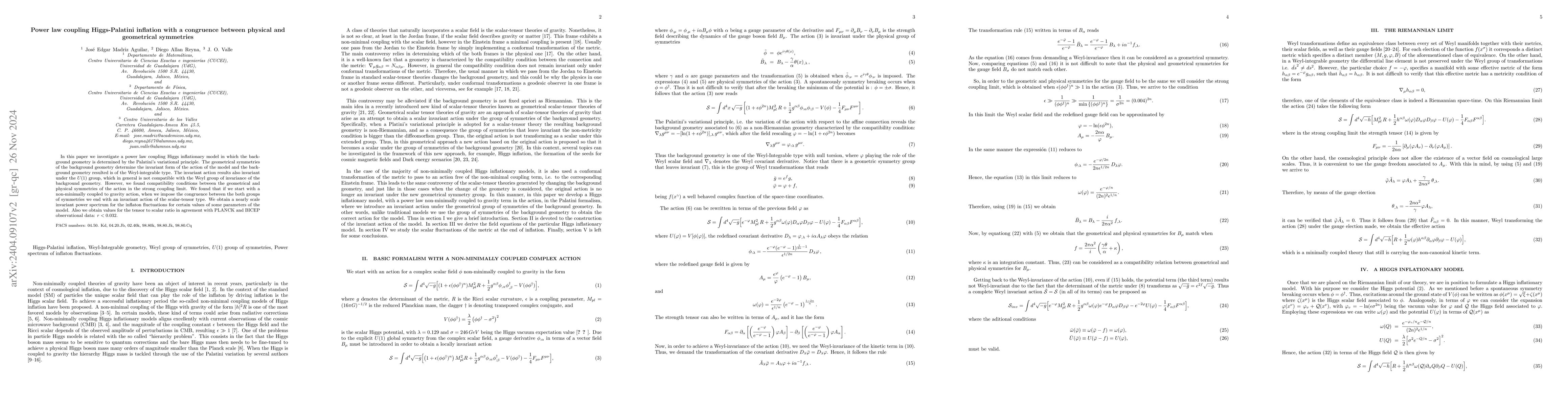 Thumbnail for Power law coupling Higgs-Palatini inflation with a congruence between
  physical and geometrical symmetries