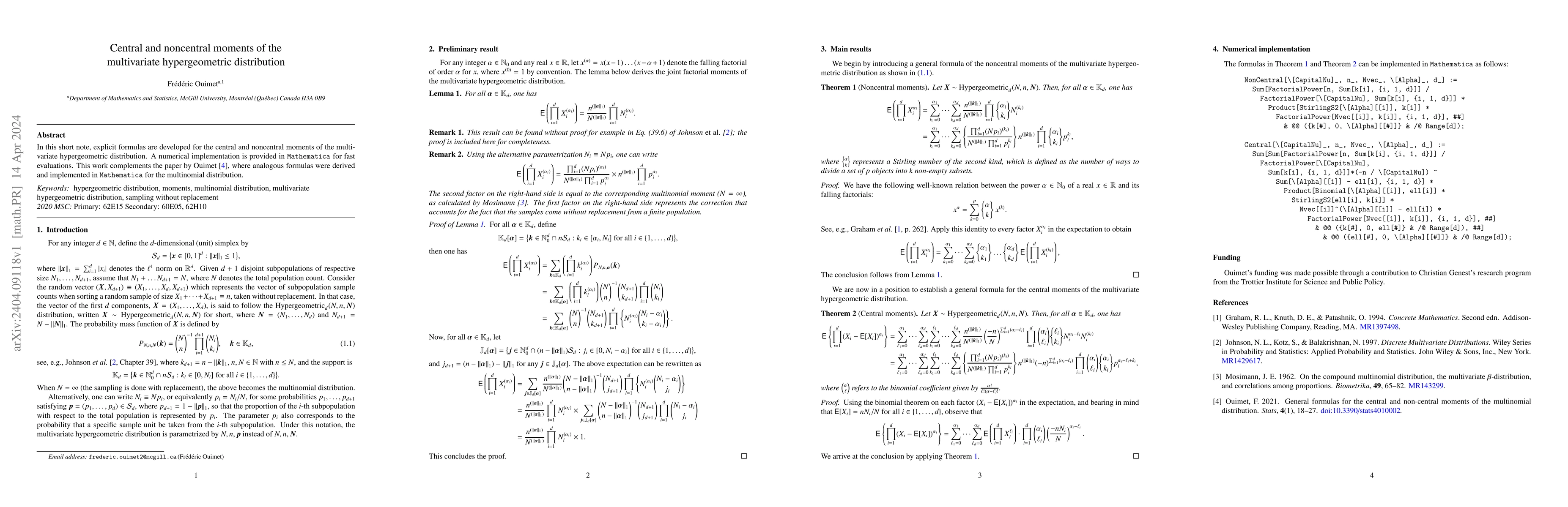 Thumbnail for Central and noncentral moments of the multivariate hypergeometric
  distribution