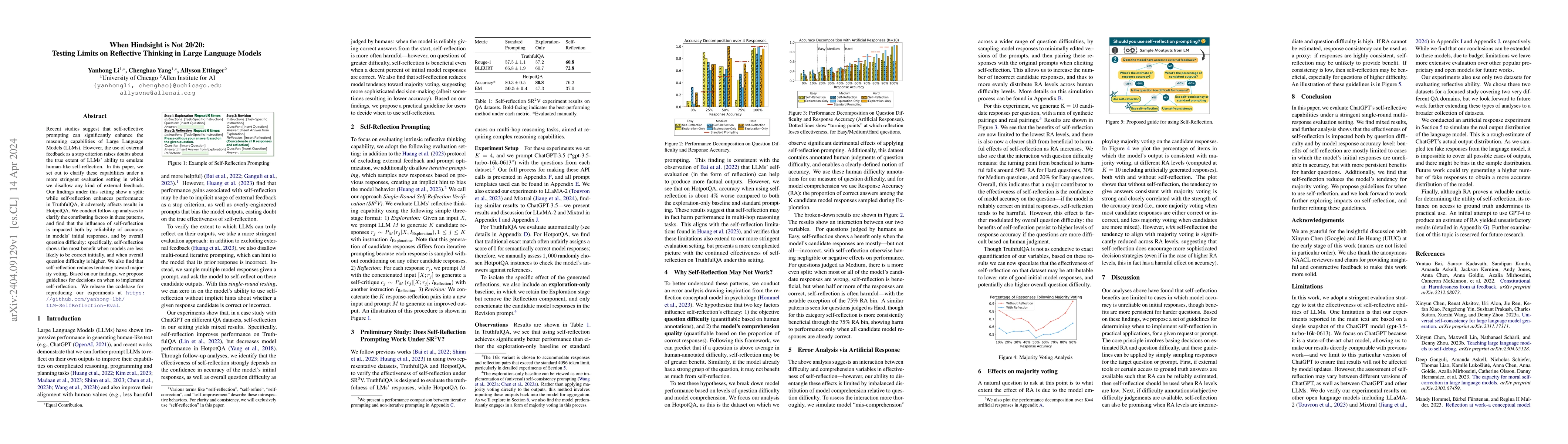Thumbnail for When Hindsight is Not 20/20: Testing Limits on Reflective Thinking in
  Large Language Models