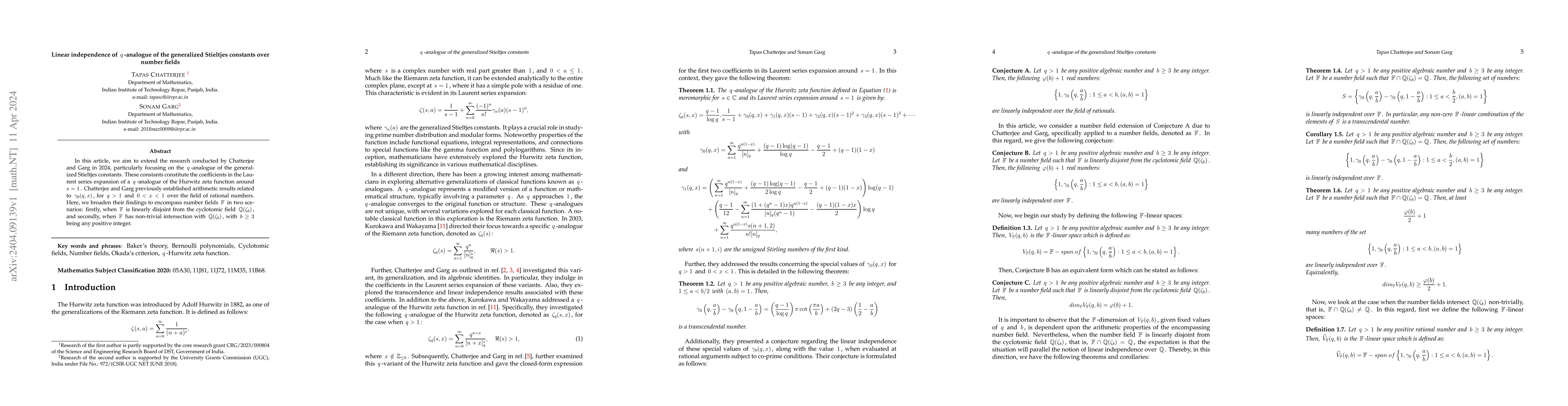 Thumbnail for Linear independence of $q$-analogue of the generalized Stieltjes
  constants over number fields