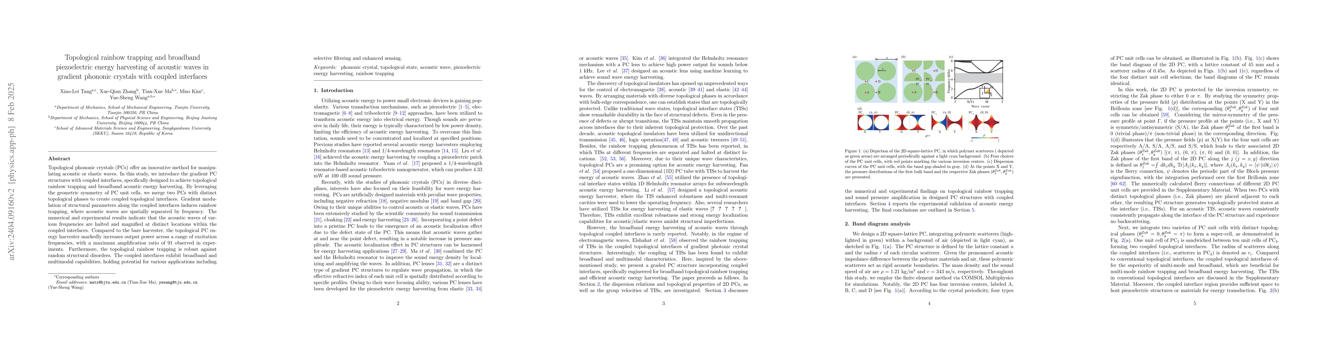 Thumbnail for Topological rainbow trapping and broadband piezoelectric energy
  harvesting of acoustic waves in gradient phononic crystals with coupled
  interfaces