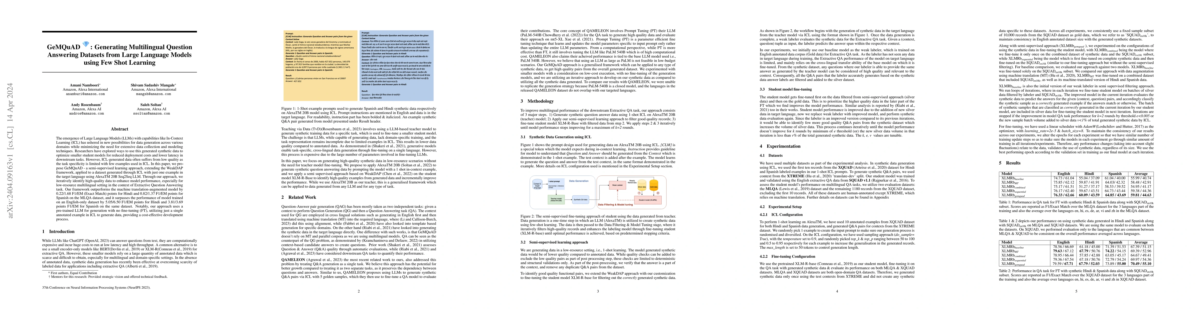 Thumbnail for GeMQuAD : Generating Multilingual Question Answering Datasets from Large
  Language Models using Few Shot Learning