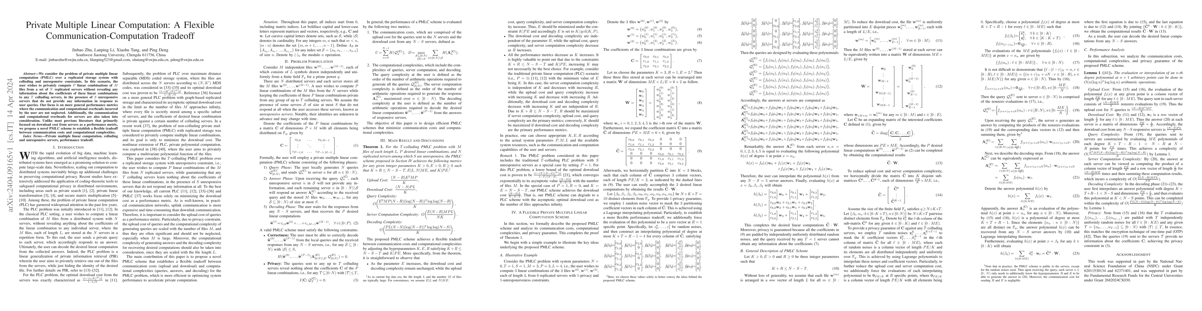 Thumbnail for Private Multiple Linear Computation: A Flexible
  Communication-Computation Tradeoff
