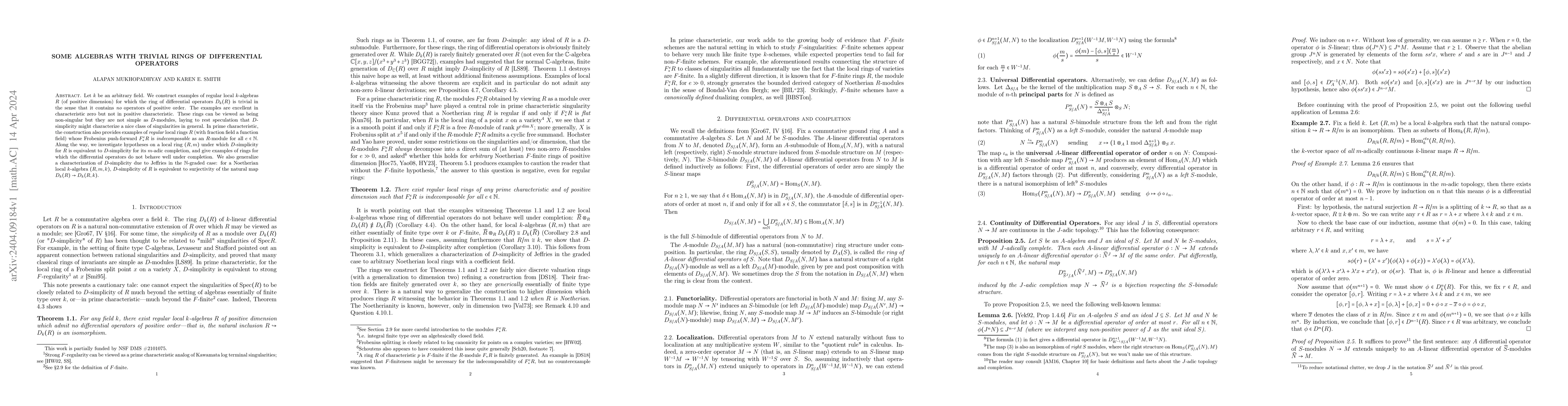 Thumbnail for Some algebras with trivial rings of differential operators