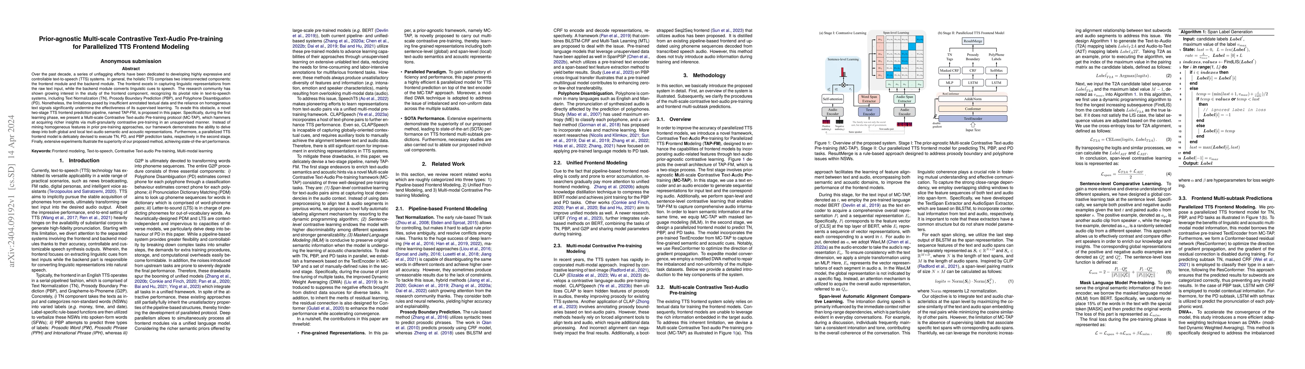 Thumbnail for Prior-agnostic Multi-scale Contrastive Text-Audio Pre-training for
  Parallelized TTS Frontend Modeling