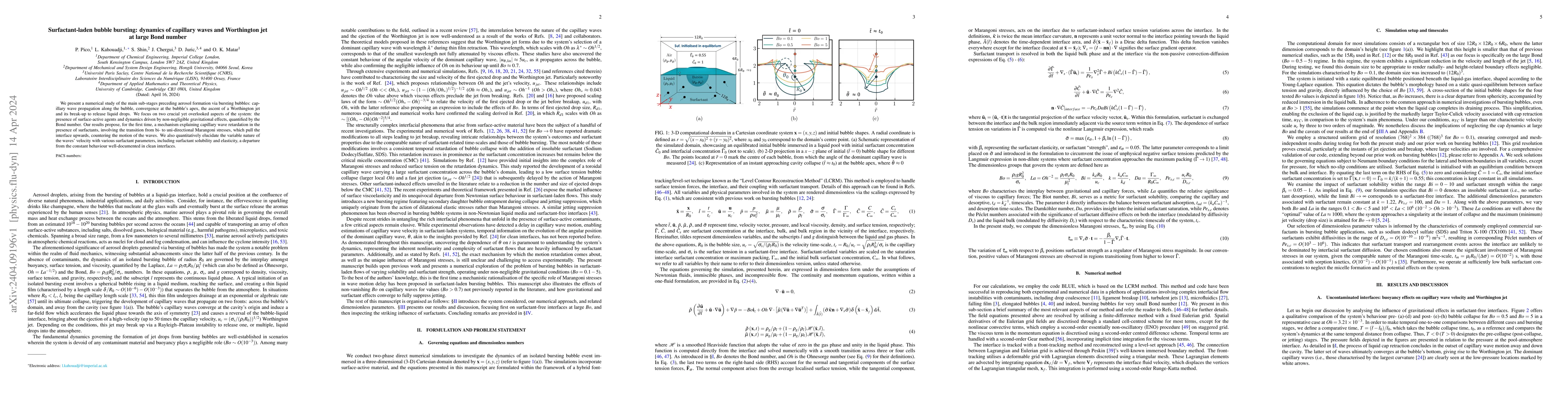 Thumbnail for Surfactant-laden bubble bursting: dynamics of capillary waves and
  Worthington jet at large Bond number