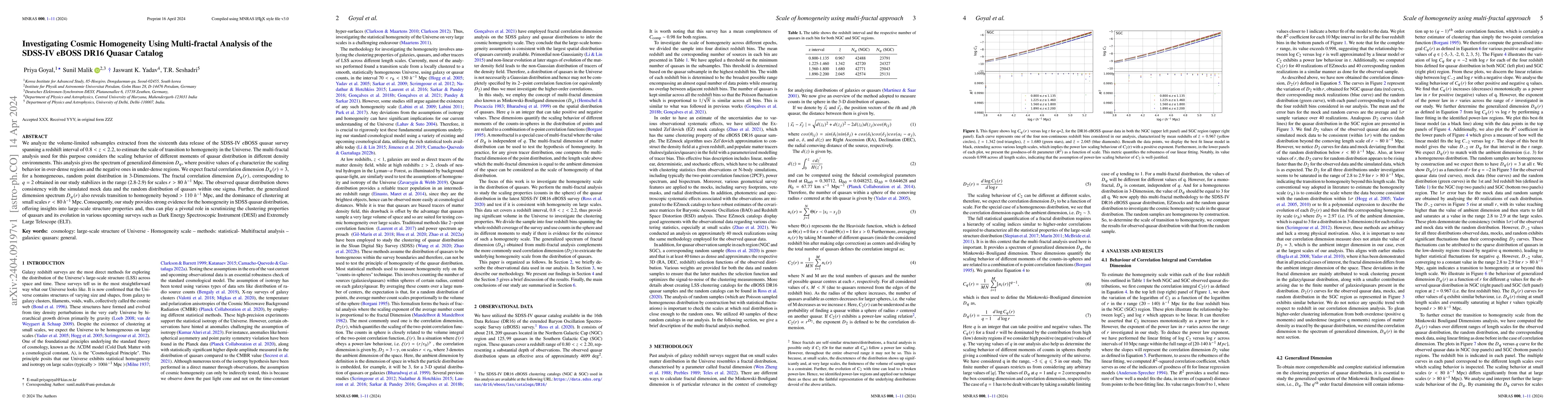Thumbnail for Investigating Cosmic Homogeneity Using Multi-fractal Analysis of the
  SDSS-IV eBOSS DR16 Quasar Catalog