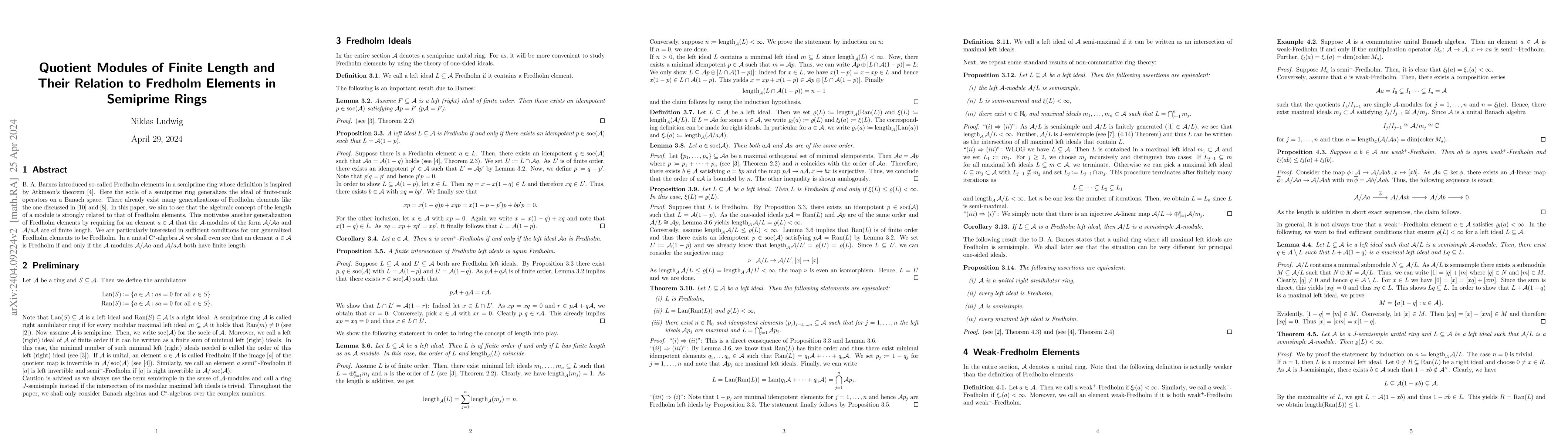 Thumbnail for Quotient Modules of Finite Length and Their Relation to Fredholm
  Elements in Semiprime Rings