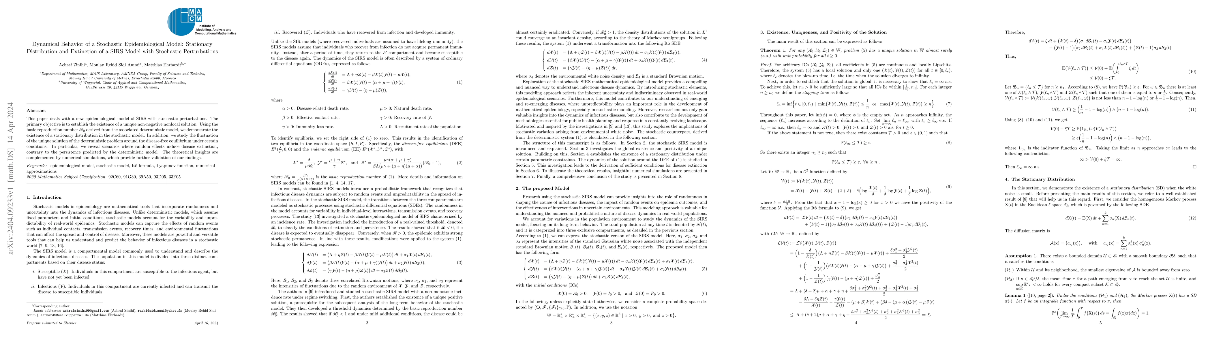 Thumbnail for Dynamical Behavior of a Stochastic Epidemiological Model: Stationary
  Distribution and Extinction of a SIRS Model with Stochastic Perturbations