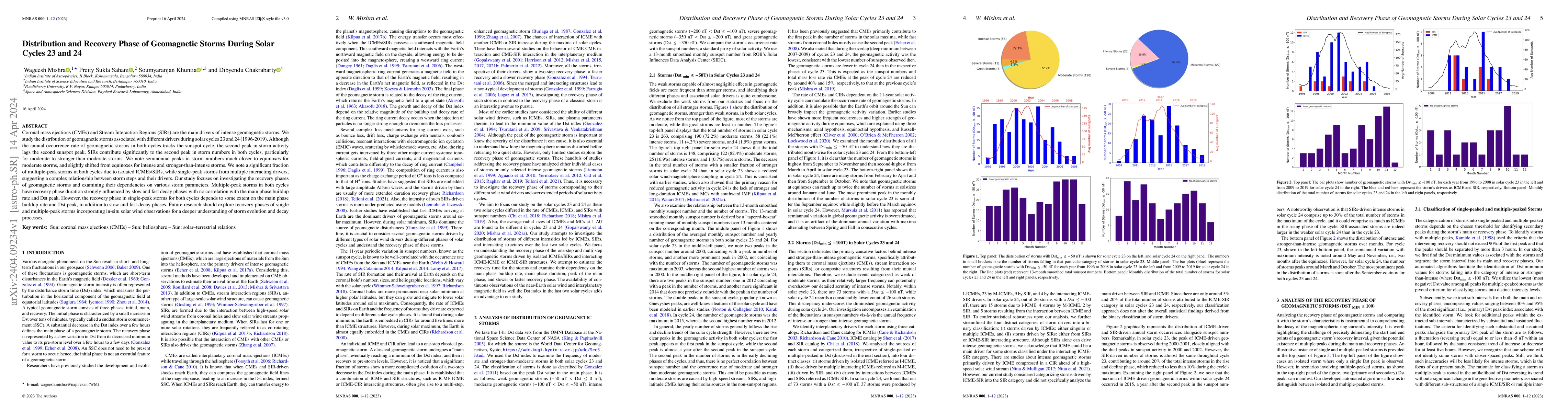 Thumbnail for Distribution and Recovery Phase of Geomagnetic Storms During Solar
  Cycles 23 and 24