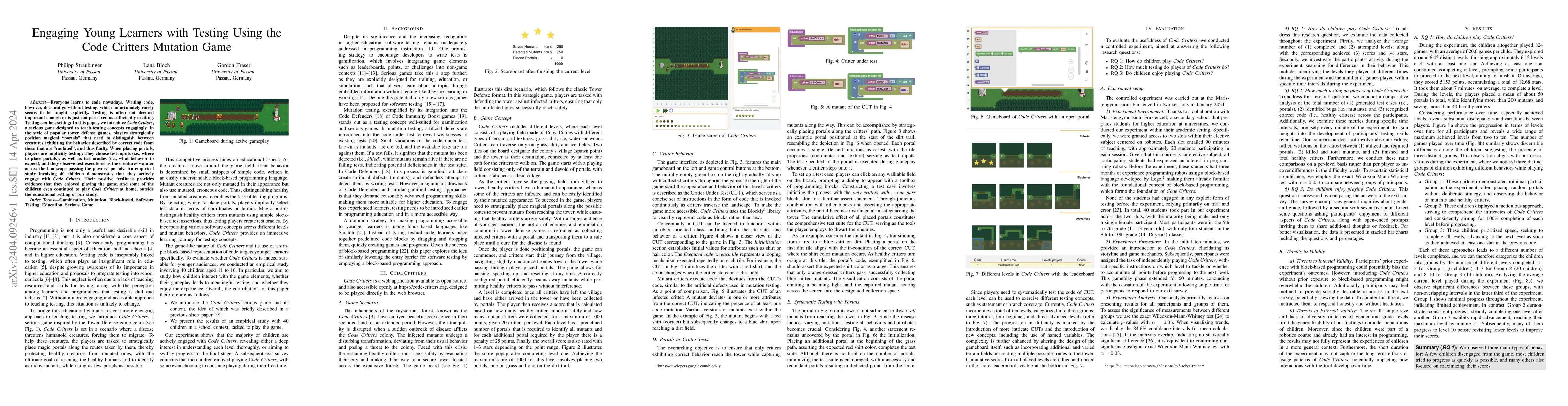 Thumbnail for Engaging Young Learners with Testing Using the Code Critters Mutation
  Game