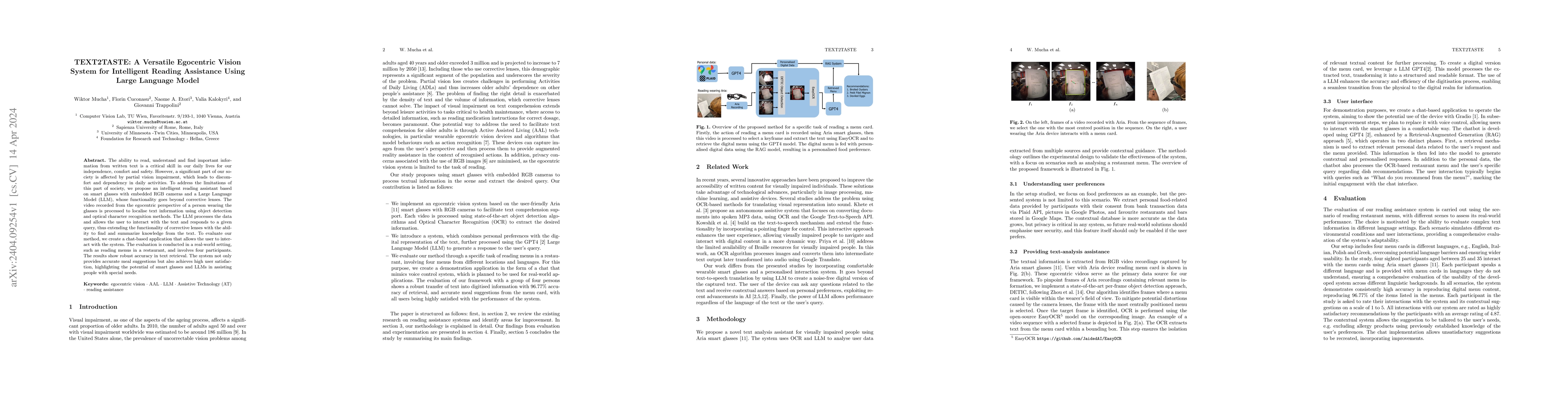 Thumbnail for TEXT2TASTE: A Versatile Egocentric Vision System for Intelligent Reading
  Assistance Using Large Language Model