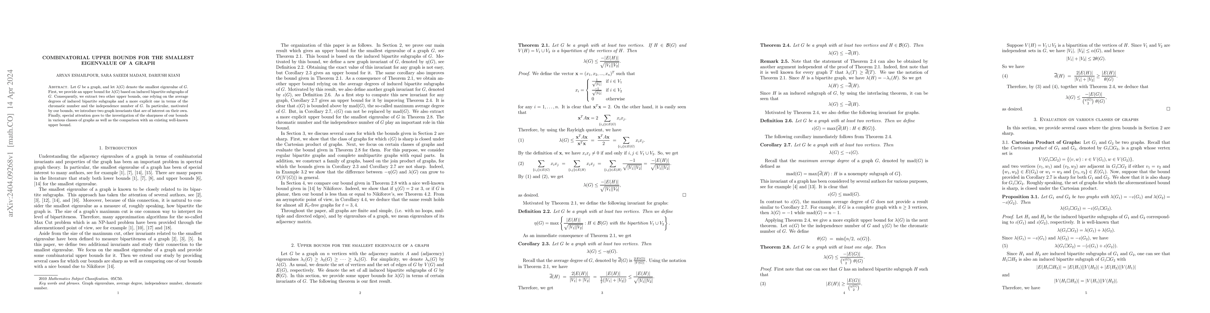 Thumbnail for Combinatorial upper bounds for the smallest eigenvalue of a graph