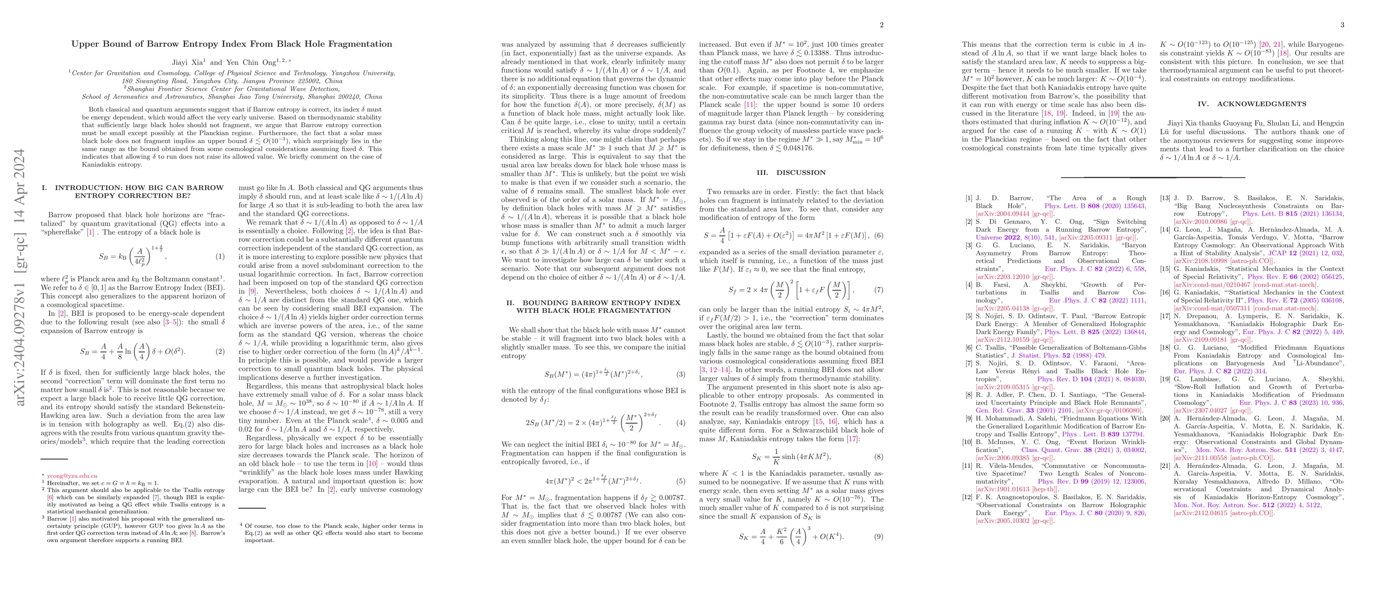 Thumbnail for Upper Bound of Barrow Entropy Index from Black Hole Fragmentation