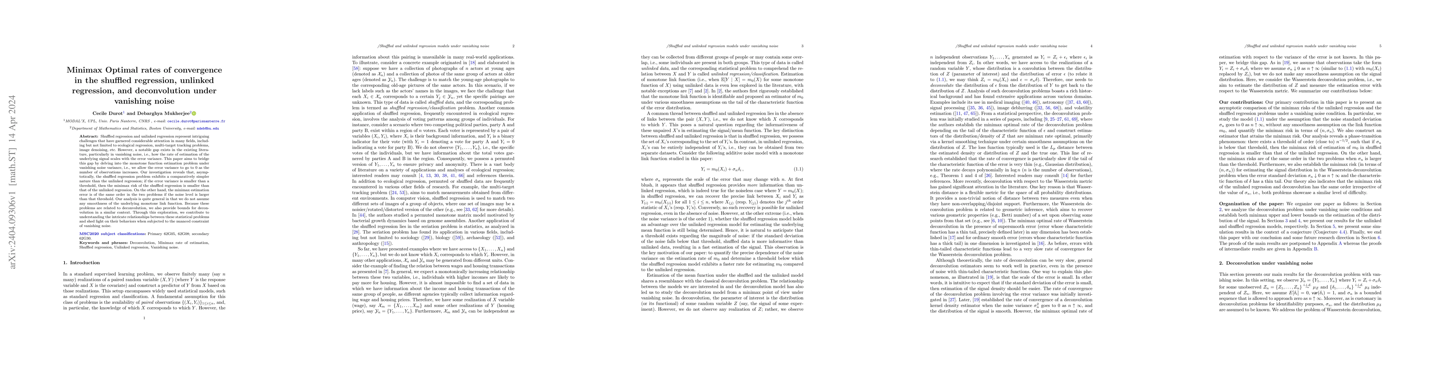 Thumbnail for Minimax Optimal rates of convergence in the shuffled regression,
  unlinked regression, and deconvolution under vanishing noise