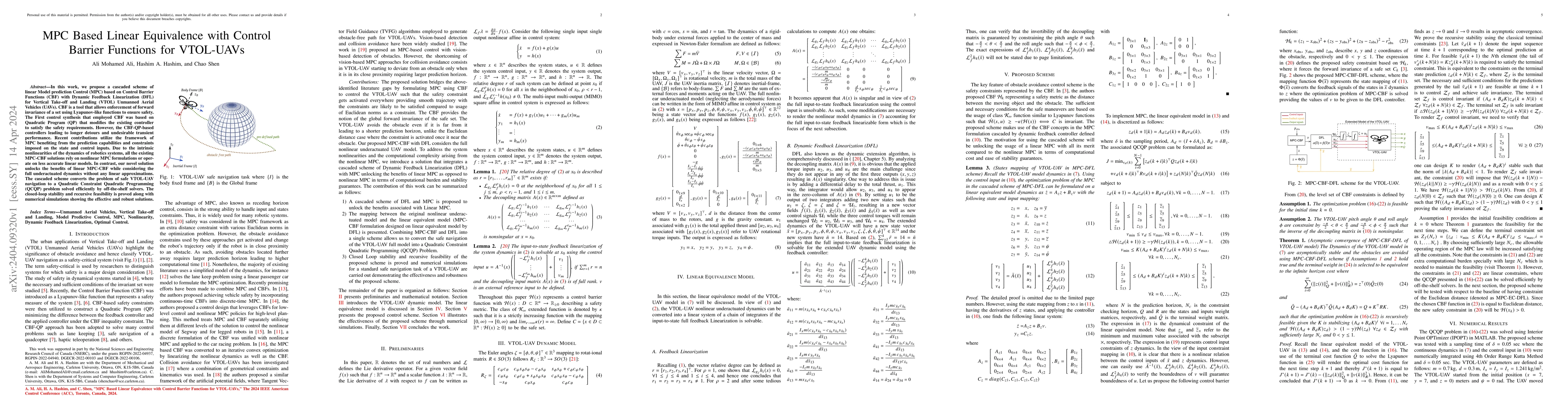 Thumbnail for MPC Based Linear Equivalence with Control Barrier Functions for
  VTOL-UAVs